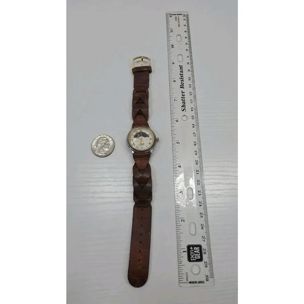 Moulin Quartz Moon Phase Watch Pearl Round Face Brown Band Stars New Battery 280